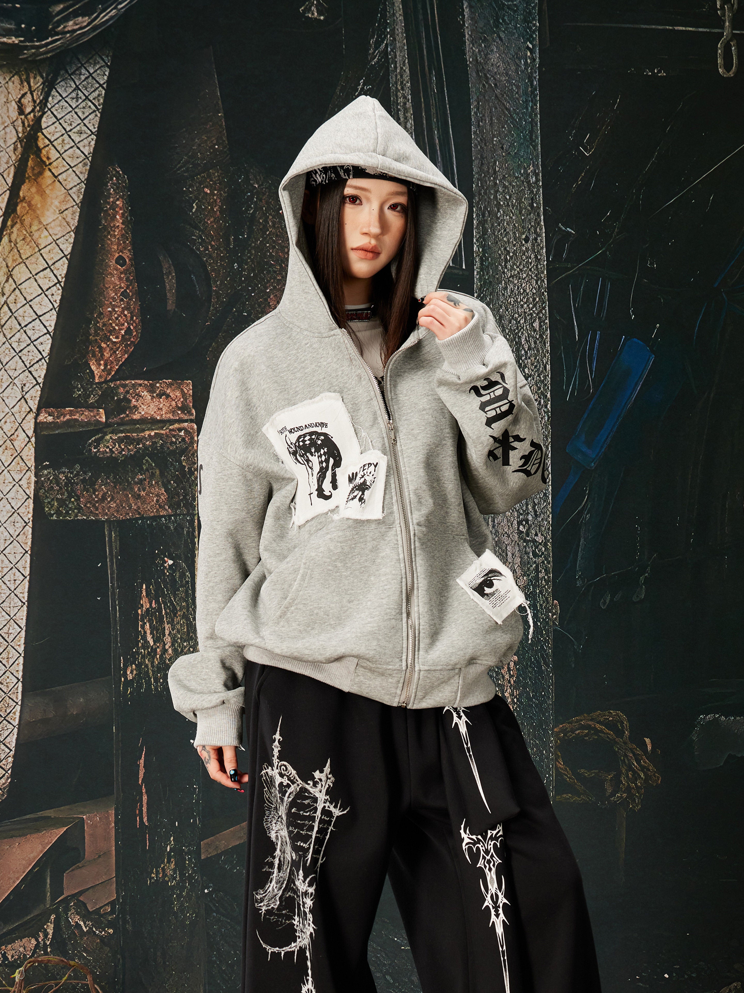 NOMANIAI Y2K punk print distressed washed hooded shirt