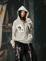 NOMANIAI Y2K punk print distressed washed hooded shirt