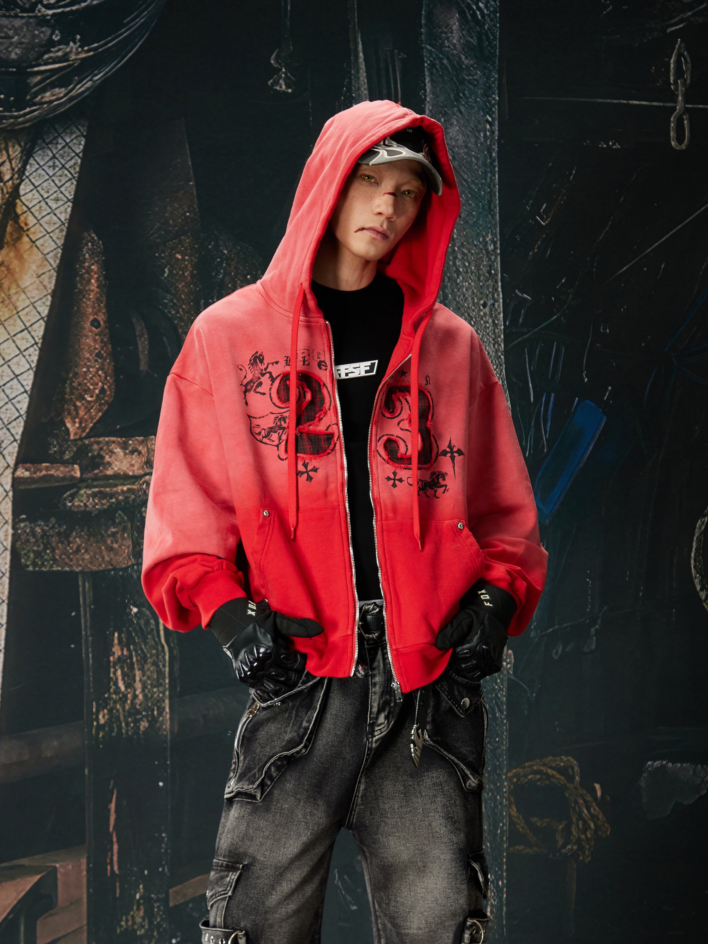 NOMANIAI Embroidered checkered contrast-colored hooded shirt