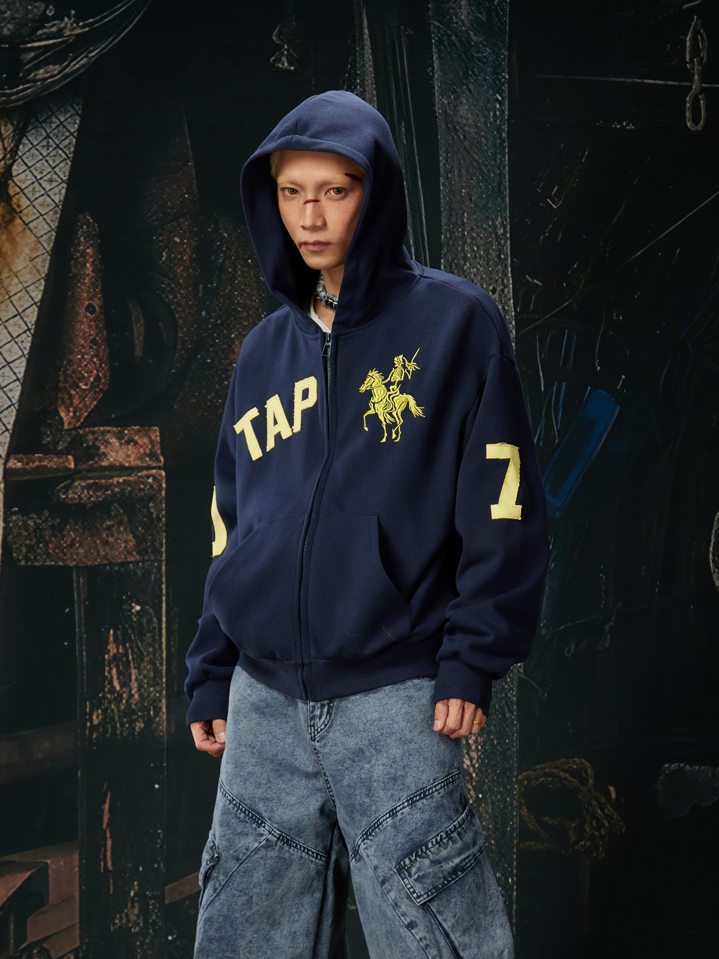 NOMANIAI Jersey Wind Street Retro Embroidery Color-Contrast Hoodie