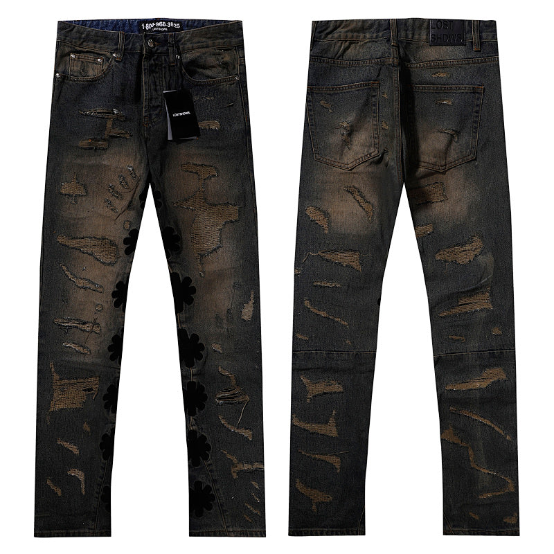 LOST SHDWS Vintage Mud Splatter Stacked Denim Jeans