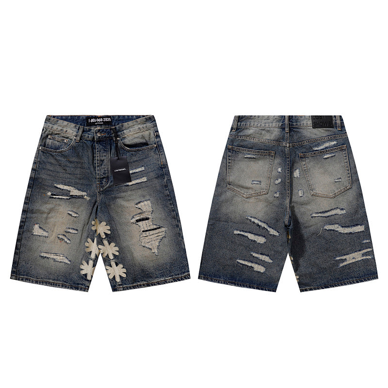 LOST SHDWS Vintage Wash Floral Embroidered Denim Shorts