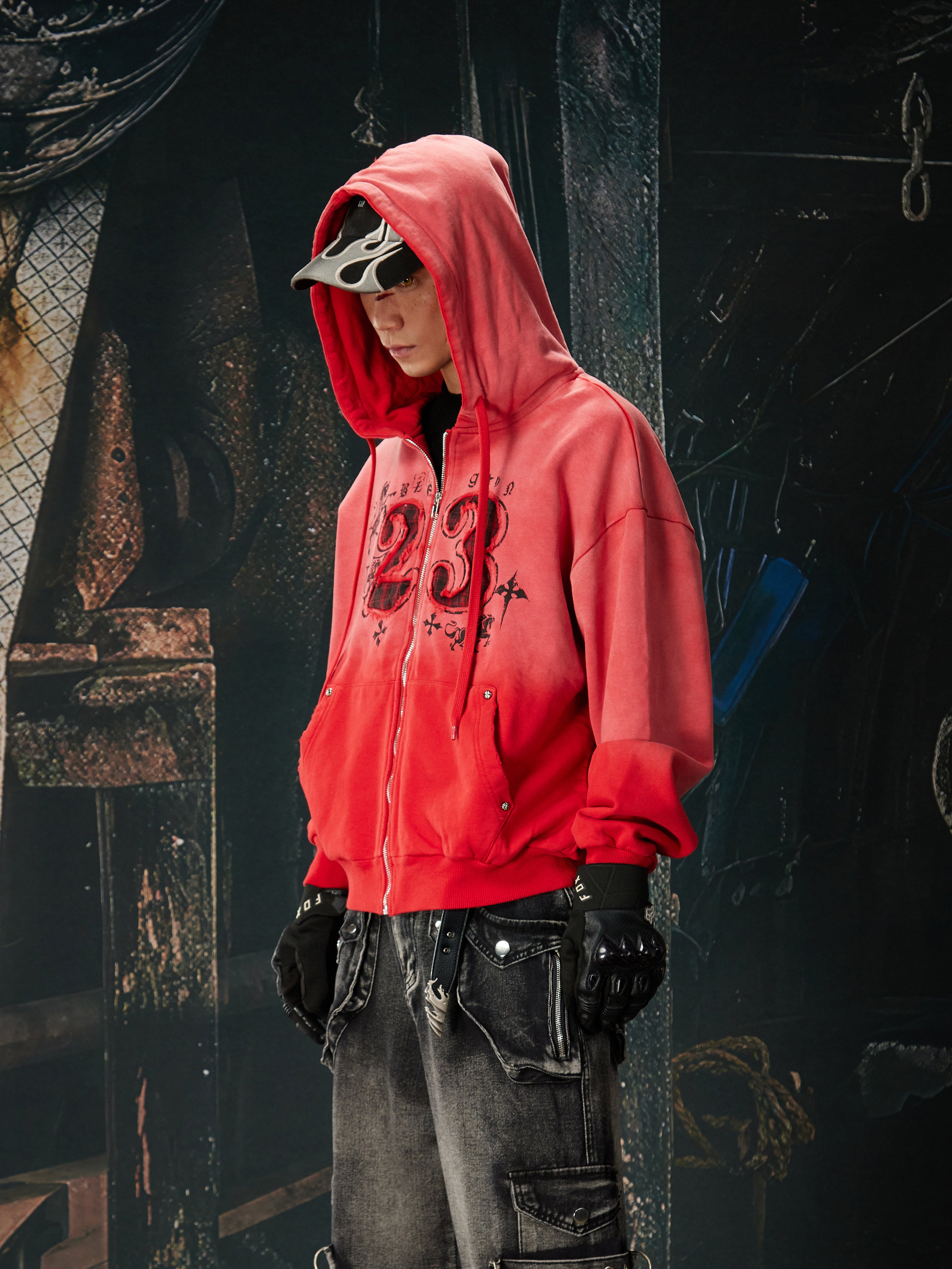 NOMANIAI Embroidered checkered contrast-colored hooded shirt