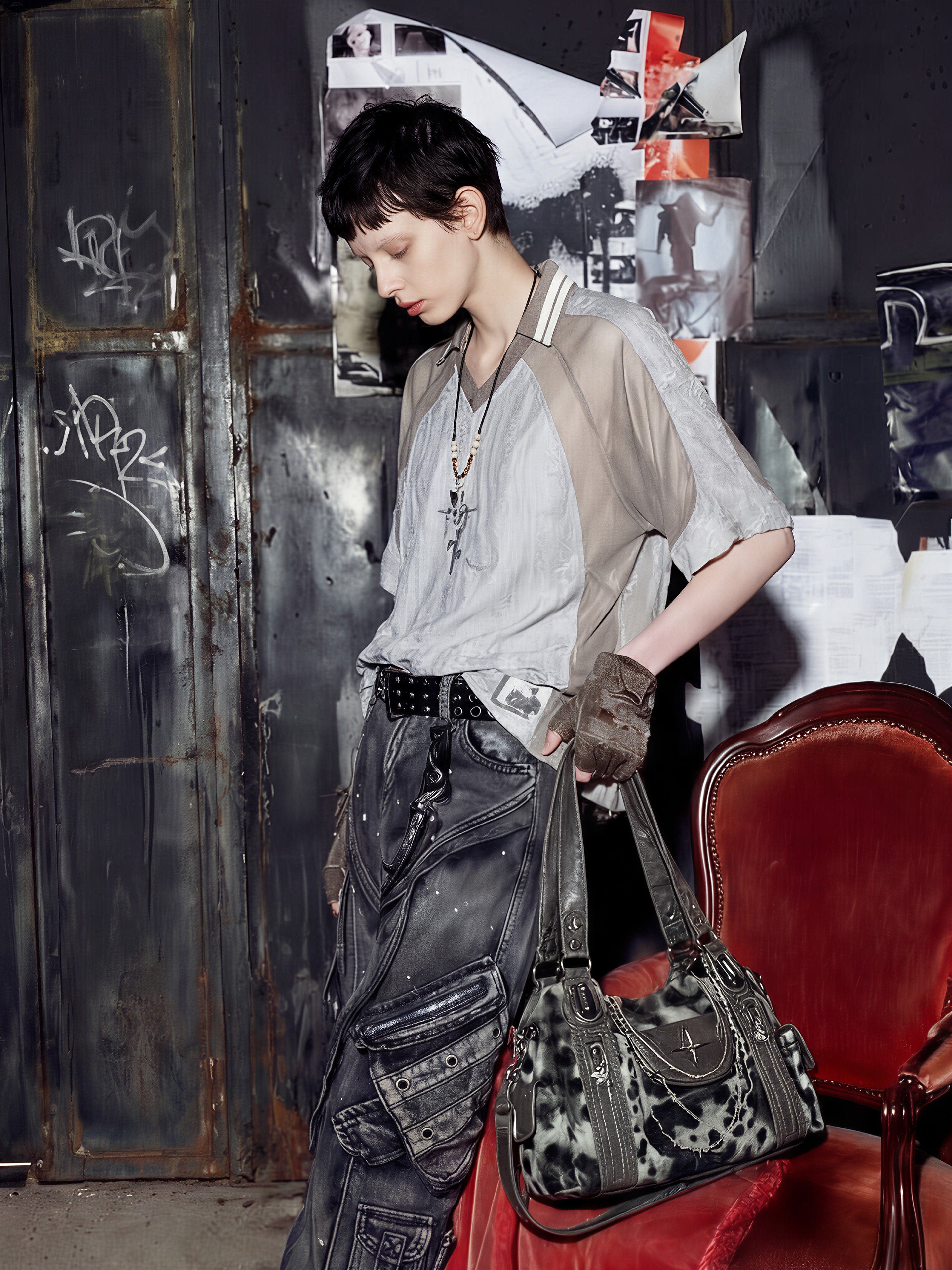 NOMANIAI Desert-style patchwork short-sleeved T-shirt