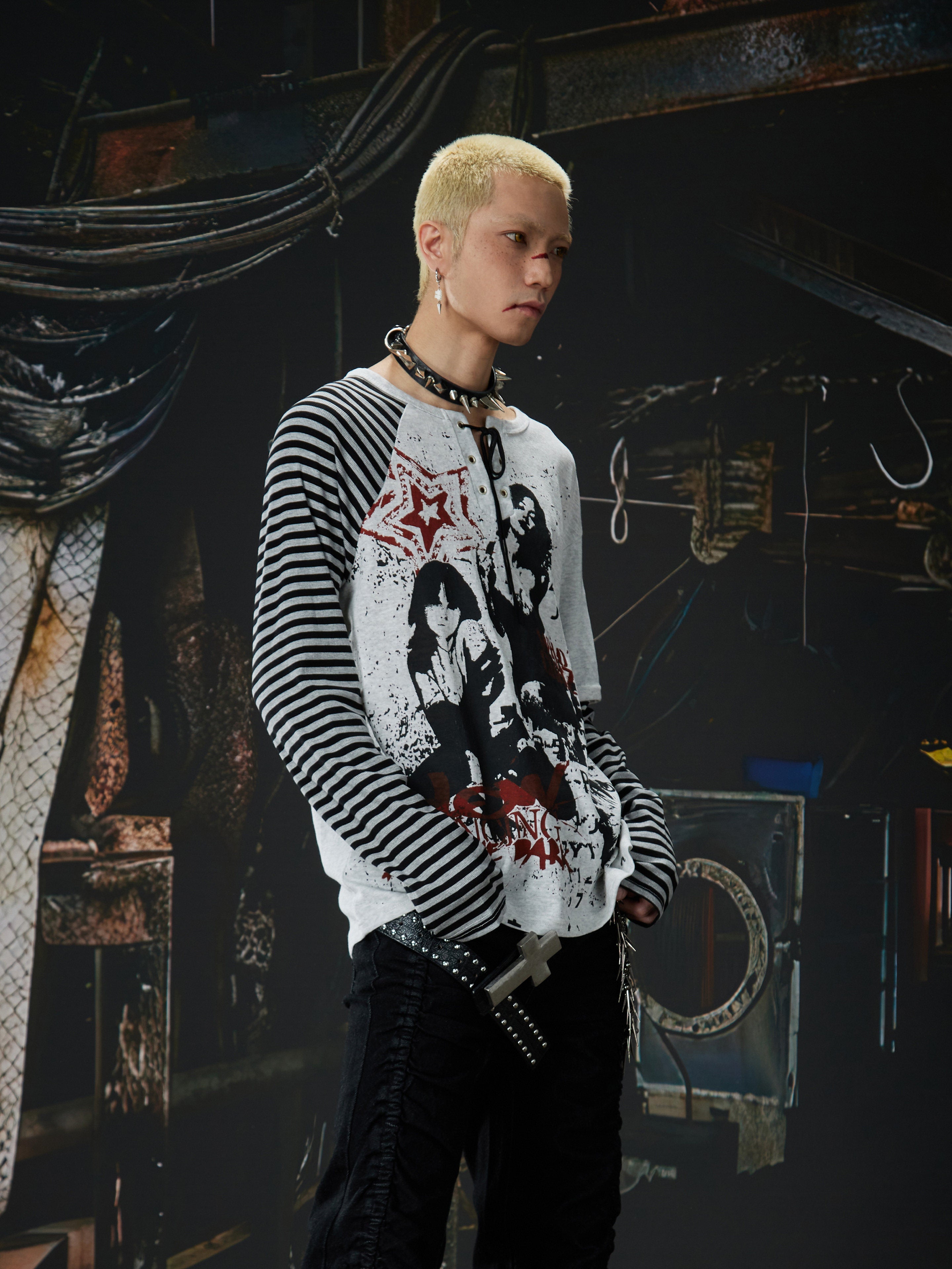 NOMANIAI Punk Y2K Patchwork Stripes Printed T-Shirt