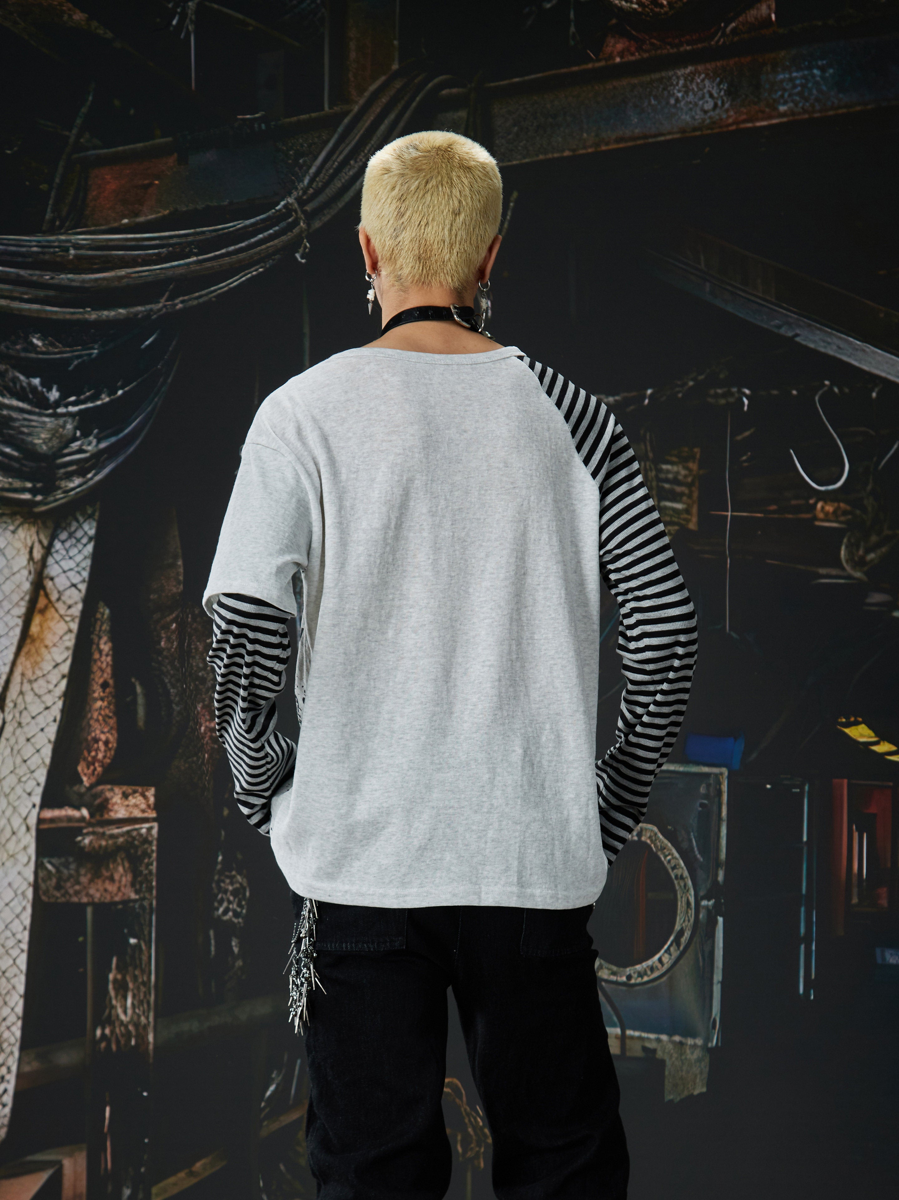NOMANIAI Punk Y2K Patchwork Stripes Printed T-Shirt