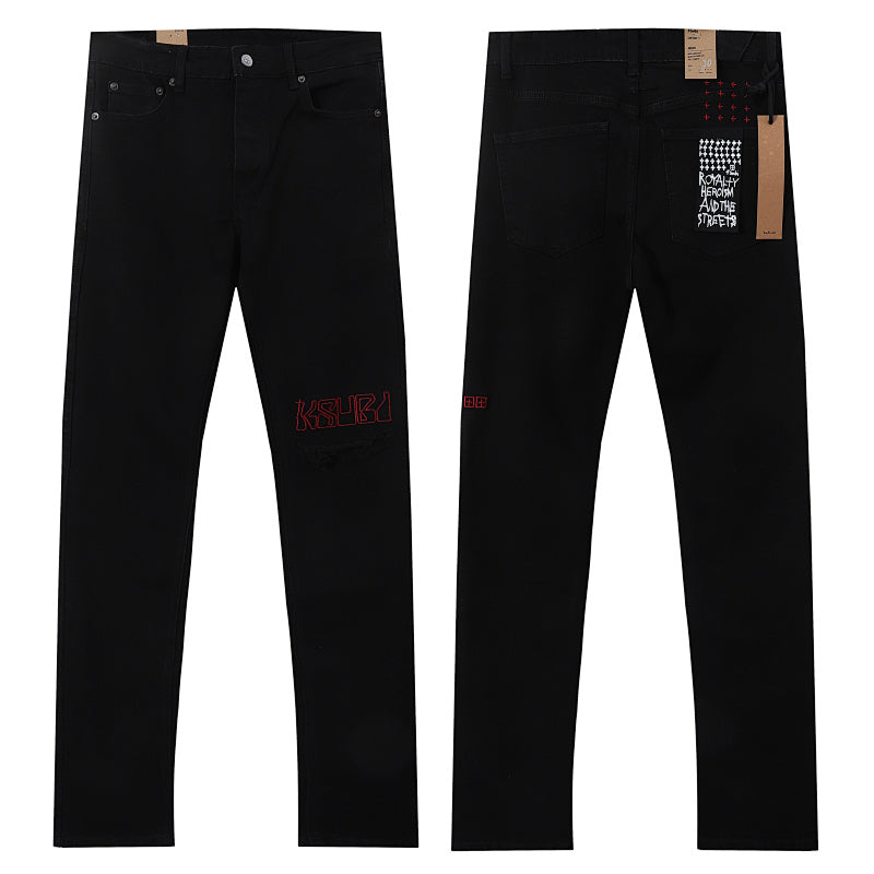 Ksubi Matte Black Red Embroidery Slim Denim Jeans