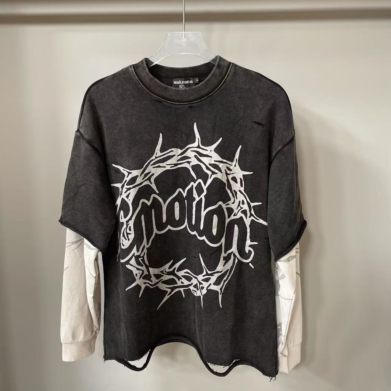 MIXED EMOTION Distressed Faux Layered Washed Sweatshirt