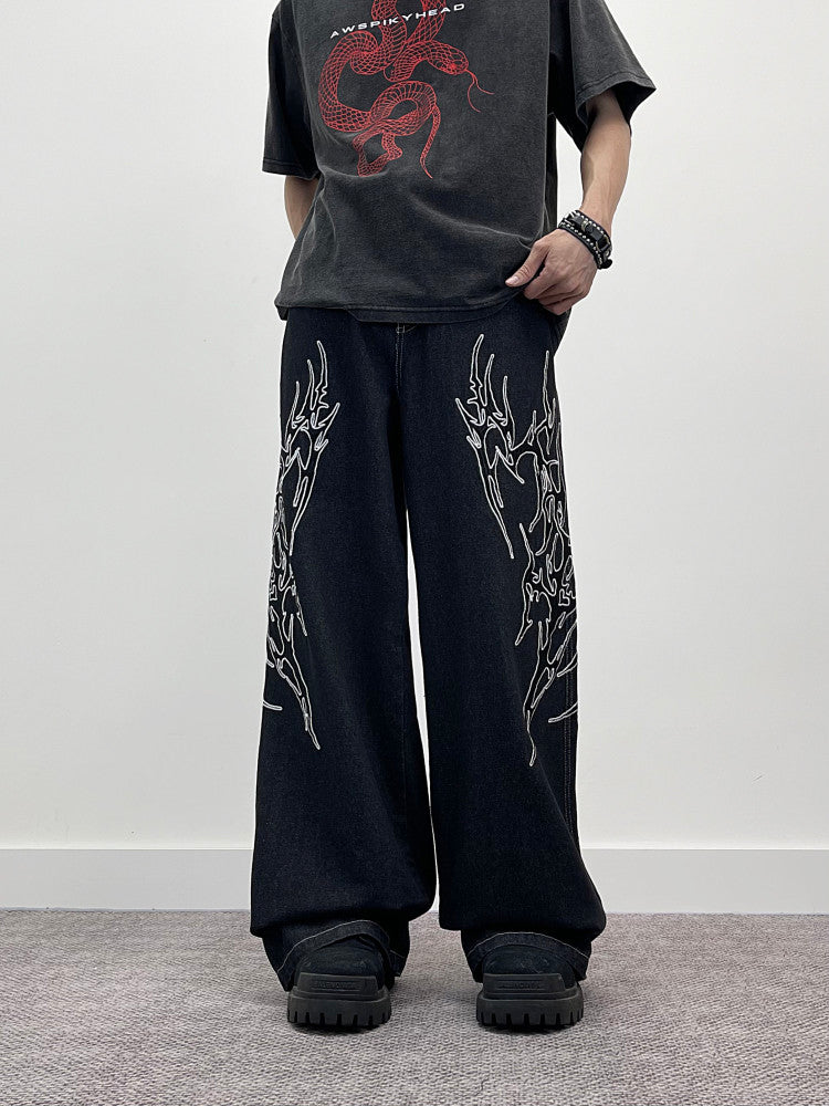 A knife high street thorn-embroidered wide-leg jeans
