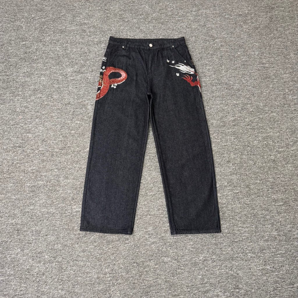 Derschutze Dragon Embroidered Loose Straight Denim Pants