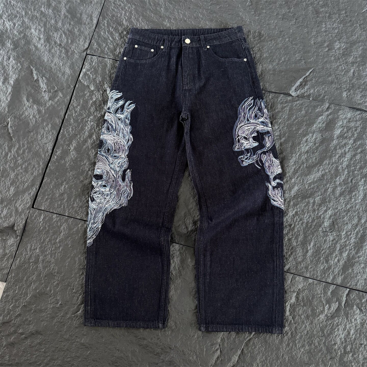 Derschutze Flame Skull Embroidered Loose Straight Jeans