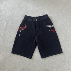 Derschutze Dragon Embroidered Retro Denim Shorts