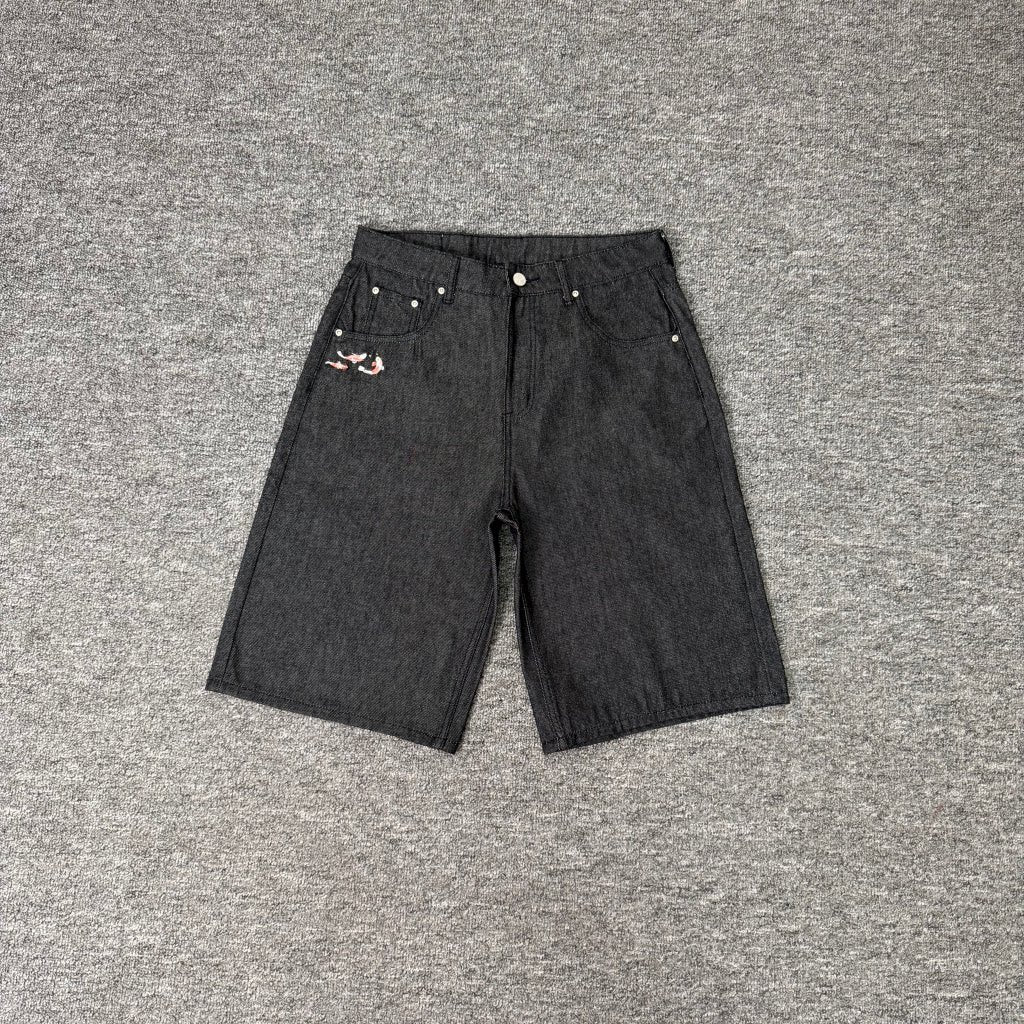 Derschutze Koi Fish Embroidered Denim Shorts