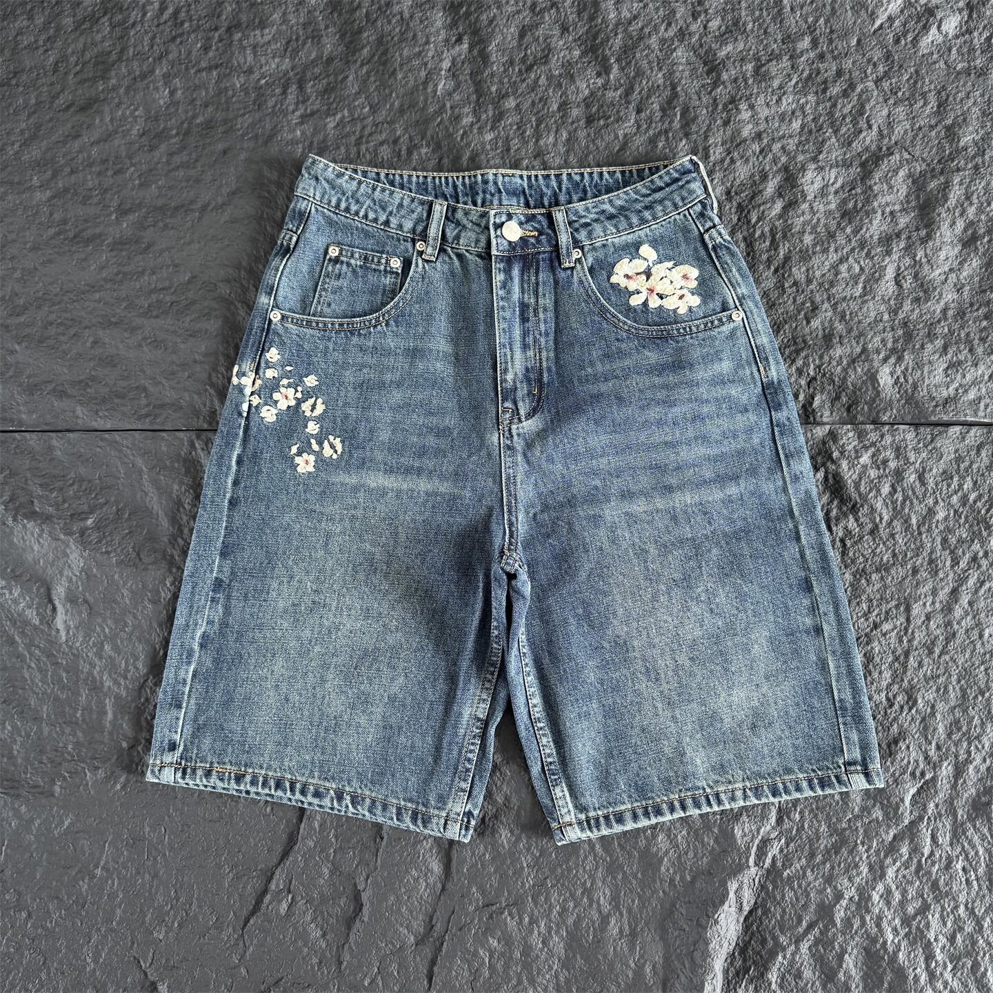 Derschutze Floral Embroidered Loose Denim Shorts