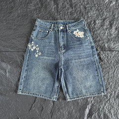 Derschutze Floral Embroidered Loose Denim Shorts