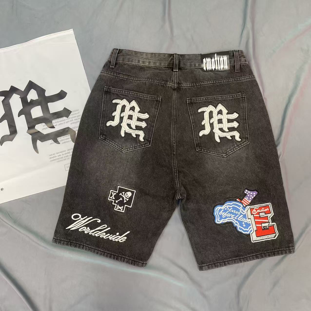 MIXED EMOTION Embroidered Badge Denim Cargo Shorts