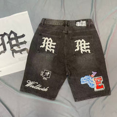MIXED EMOTION Embroidered Badge Denim Cargo Shorts