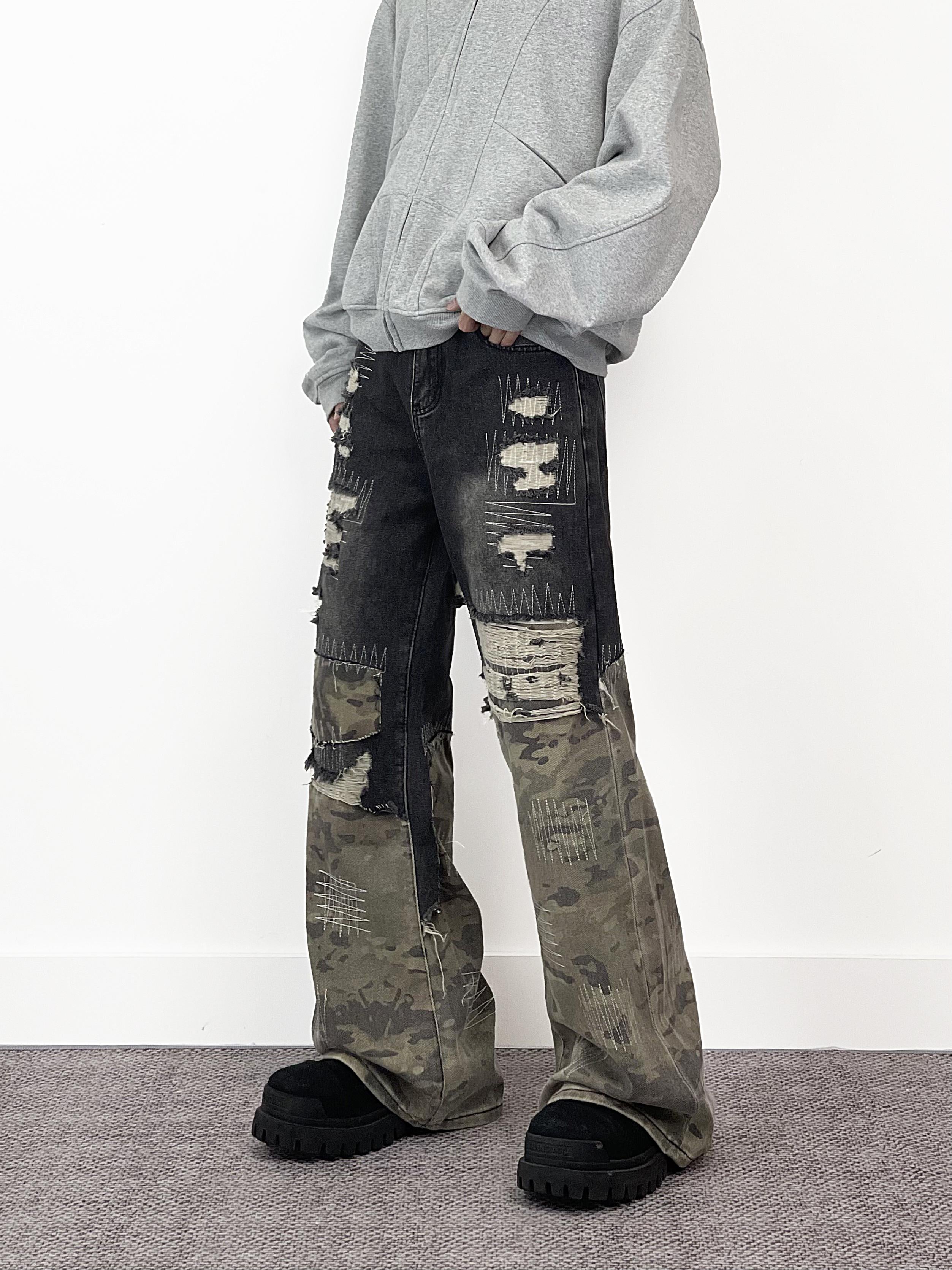 A knife high street style jeans with a torn and patched design