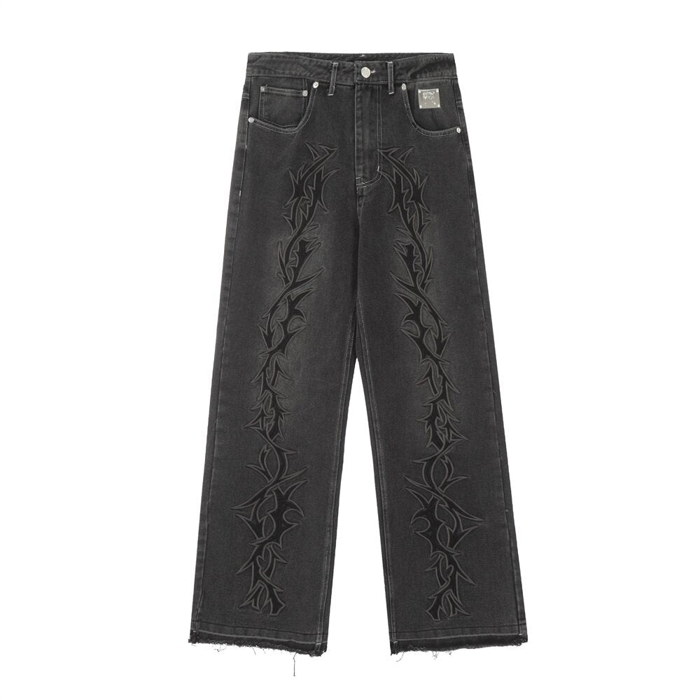 Revenge Smoke Embroidered Thorns Straight Denim Jeans