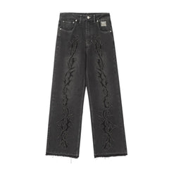 Revenge Smoke Embroidered Thorns Straight Denim Jeans