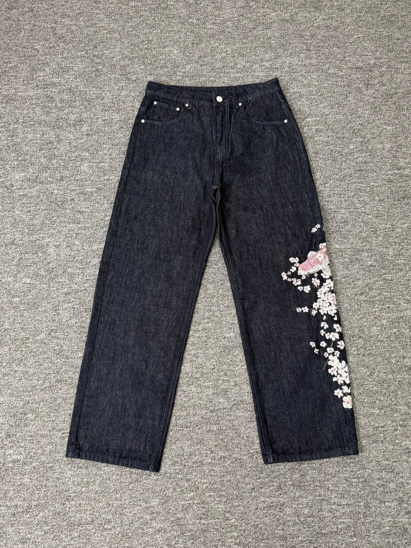 Derschutze Koi Floral Embroidered Loose Jeans
