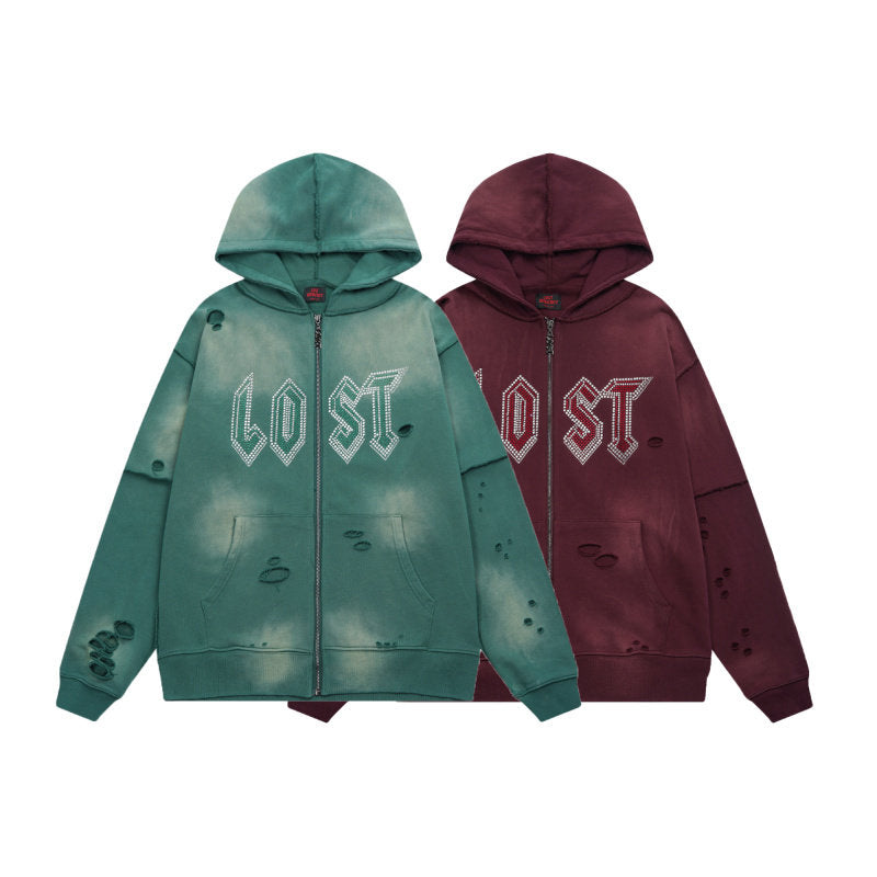 Lost Intricacy Casual Beaded Hole-Open Hoodie