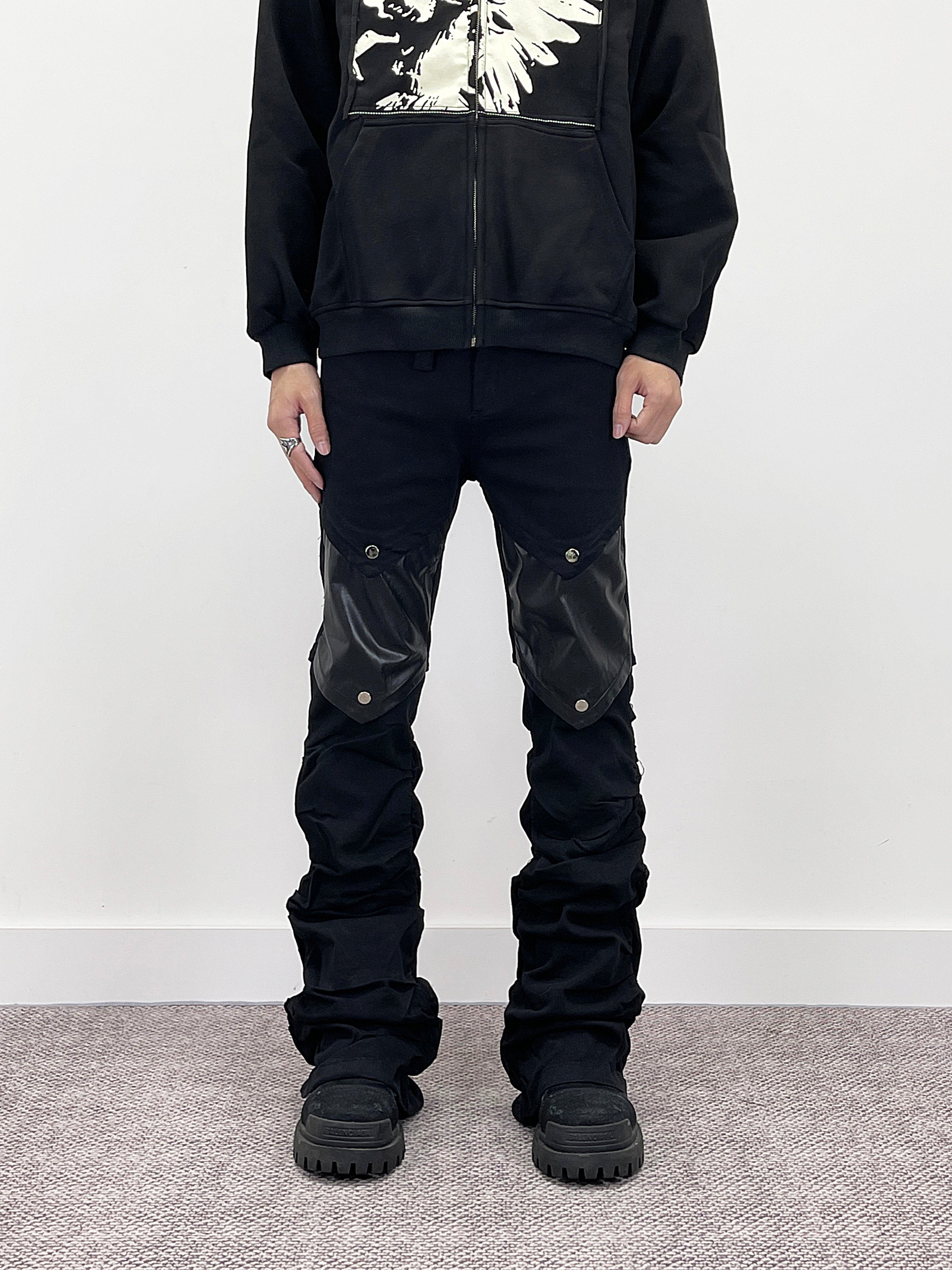 A knife punk leather flared denim pants