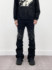 A knife punk leather flared denim pants