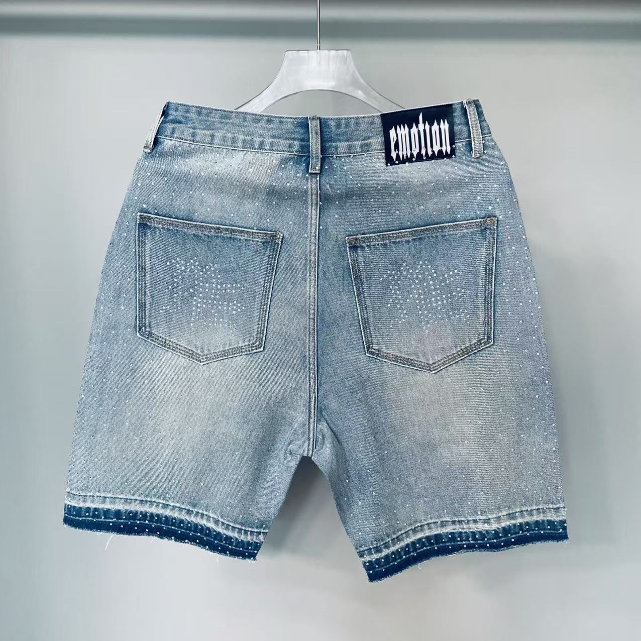 MIXED EMOTION Rhinestone Logo Denim Shorts