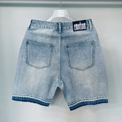 MIXED EMOTION Rhinestone Logo Denim Shorts
