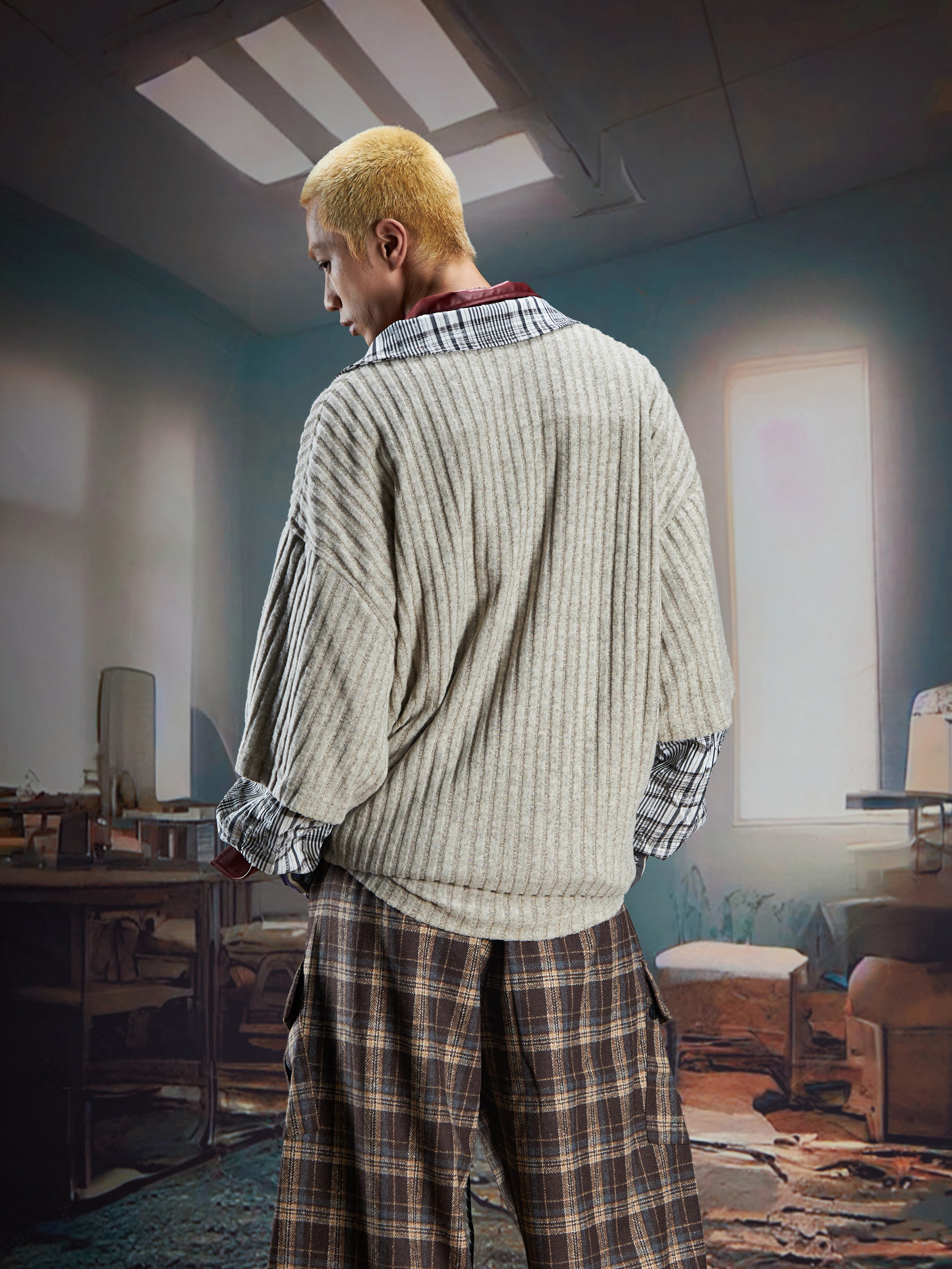 NOMANIAI Two-piece joined V-neck long-sleeved knitted T-shirt