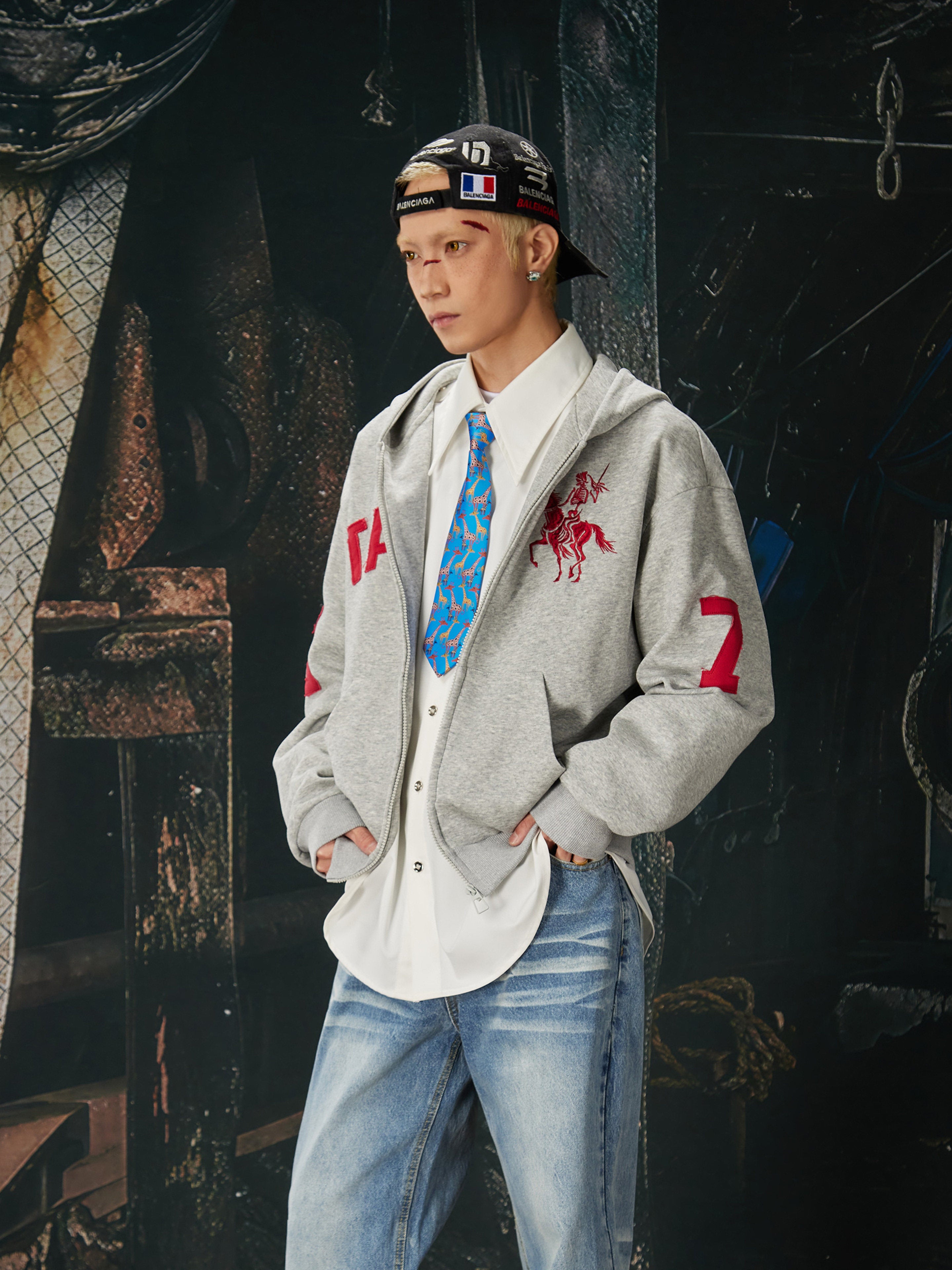 NOMANIAI Jersey Wind Street Retro Embroidery Color-Contrast Hoodie