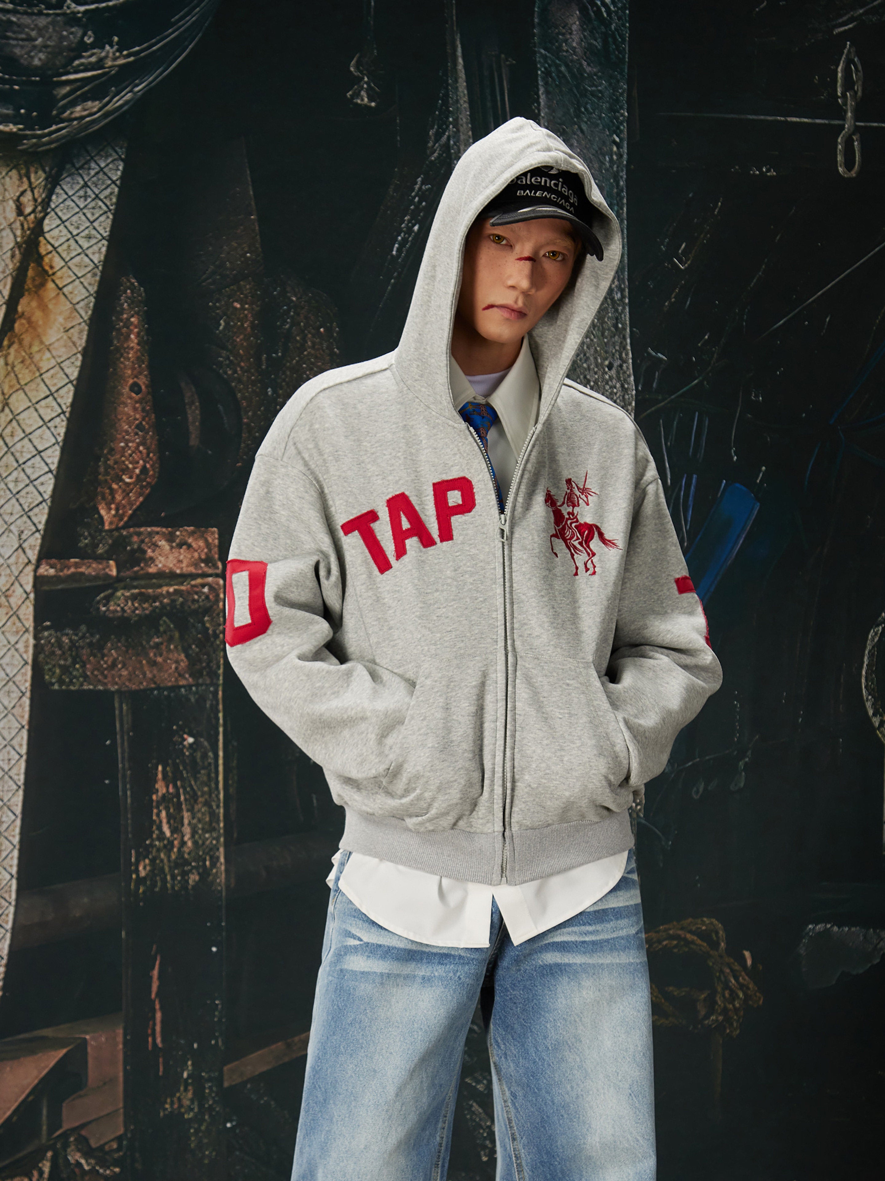 NOMANIAI Jersey Wind Street Retro Embroidery Color-Contrast Hoodie