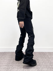 A knife punk leather flared denim pants
