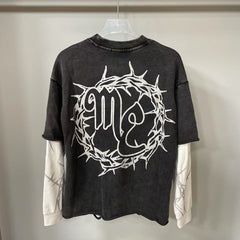 MIXED EMOTION Distressed Faux Layered Washed Sweatshirt