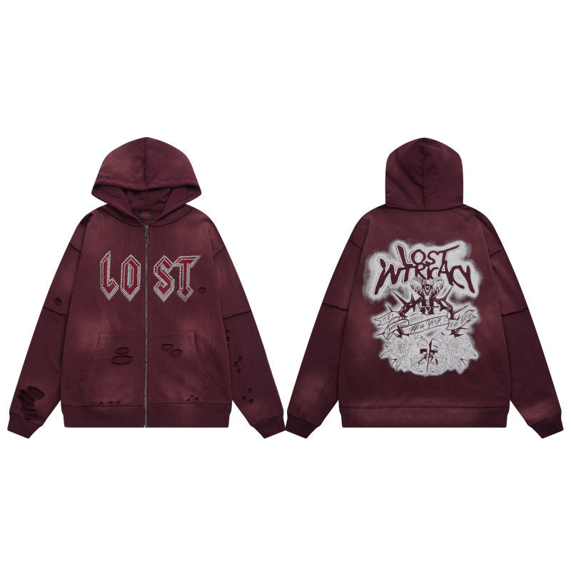 Lost Intricacy Casual Beaded Hole-Open Hoodie