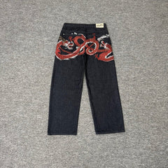 Derschutze Dragon Embroidered Loose Straight Denim Pants