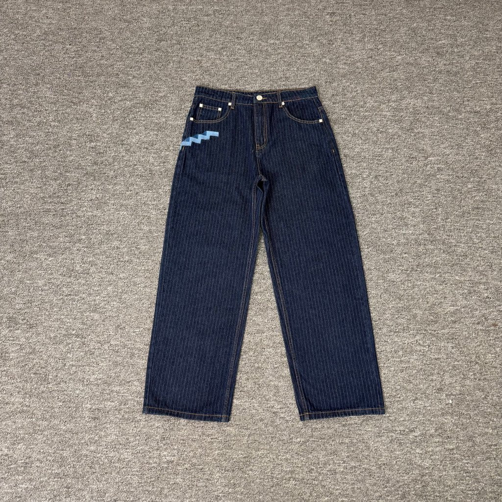Derschutze Pinstripe Embroidered Loose Straight Jeans