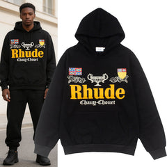 RHUDE Euro Streetwear Badge Letter Print Fleece Hoodie