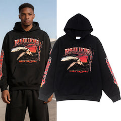 RHUDE Hip Hop Vintage Running Horse Printed Hoodie