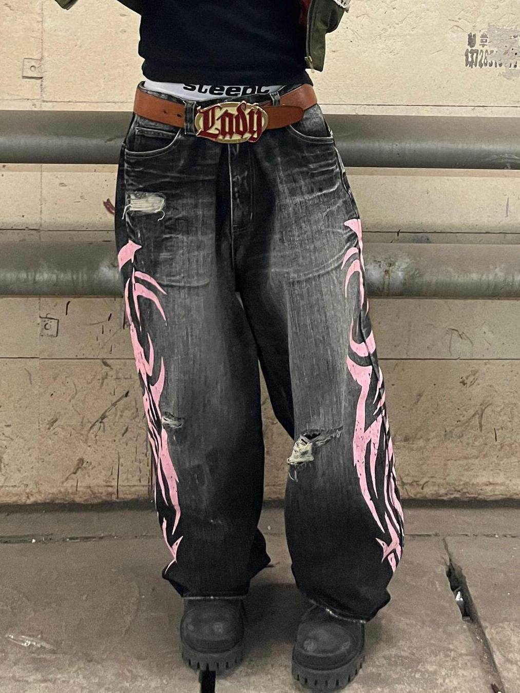 Jeans - American Retro Patterned Washed Denim Pants