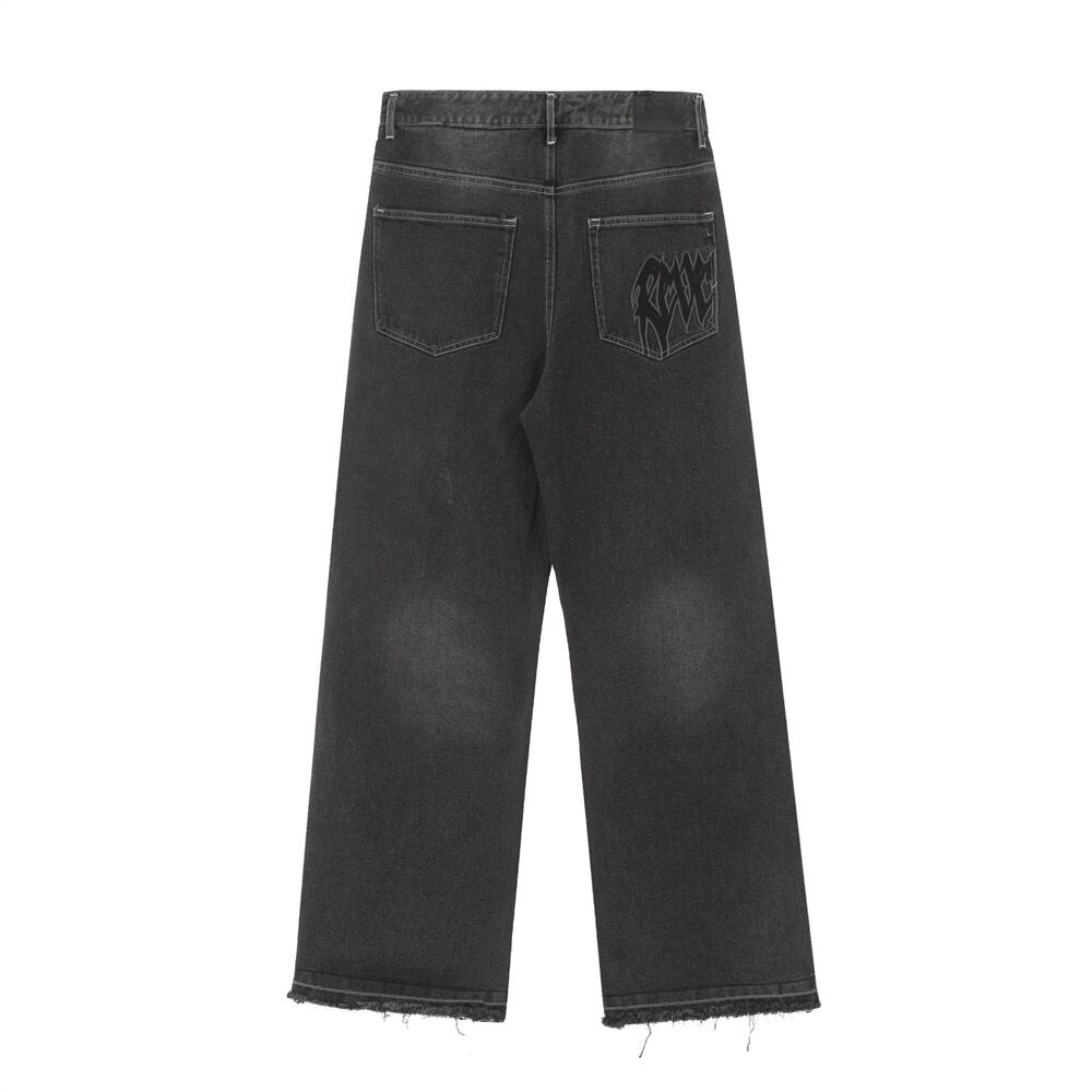 Revenge Smoke Embroidered Thorns Straight Denim Jeans