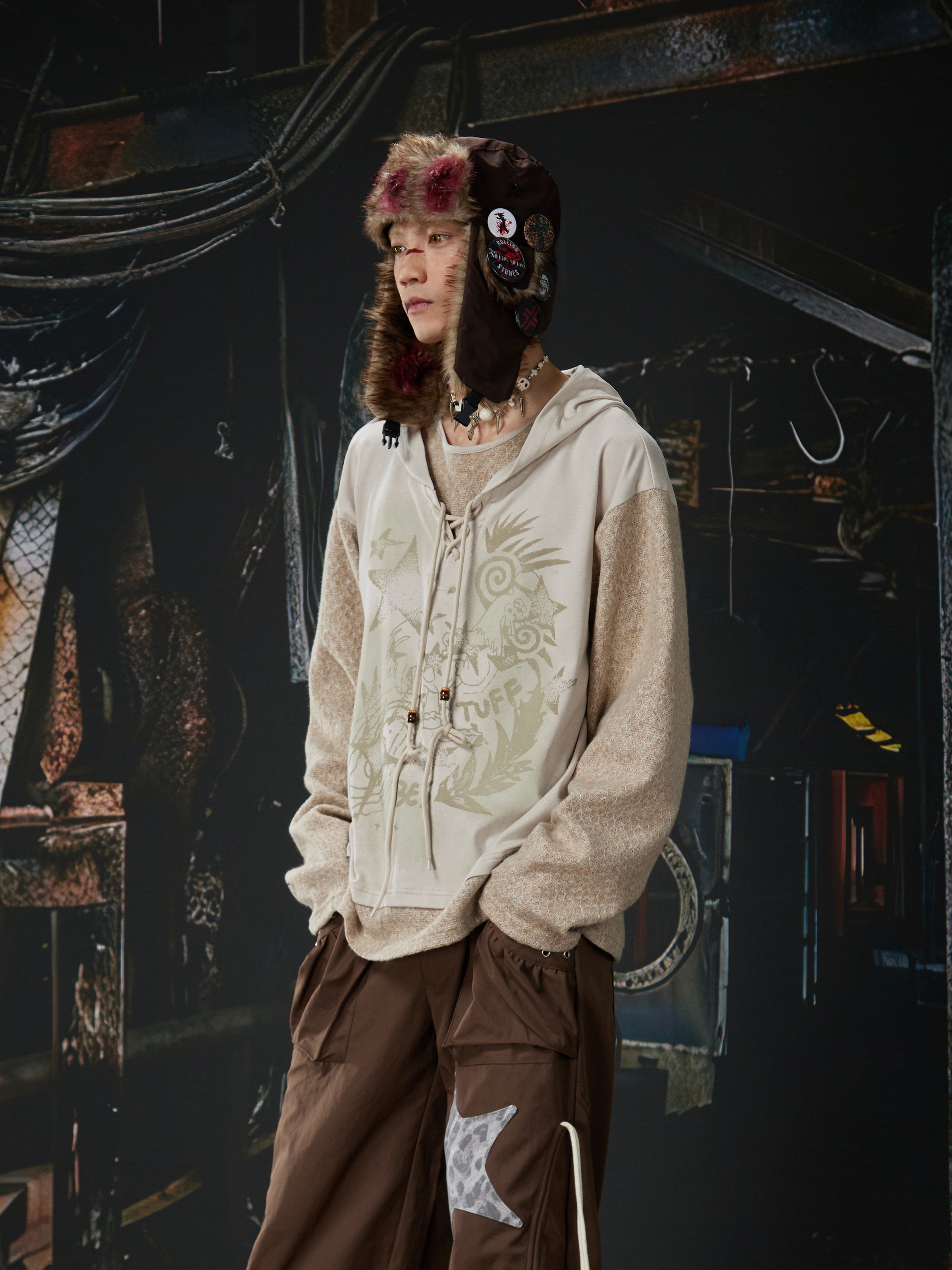 NOMANIAI Two-piece patchwork retro print hooded sweater