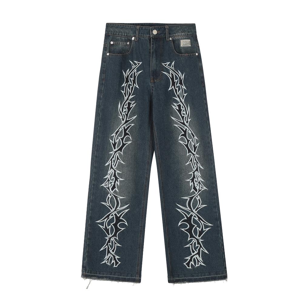 Revenge Smoke Embroidered Thorns Straight Denim Jeans