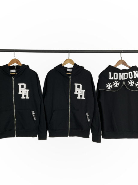 RHUDE Puff Letter Print Fleece Full Zip Hoodie