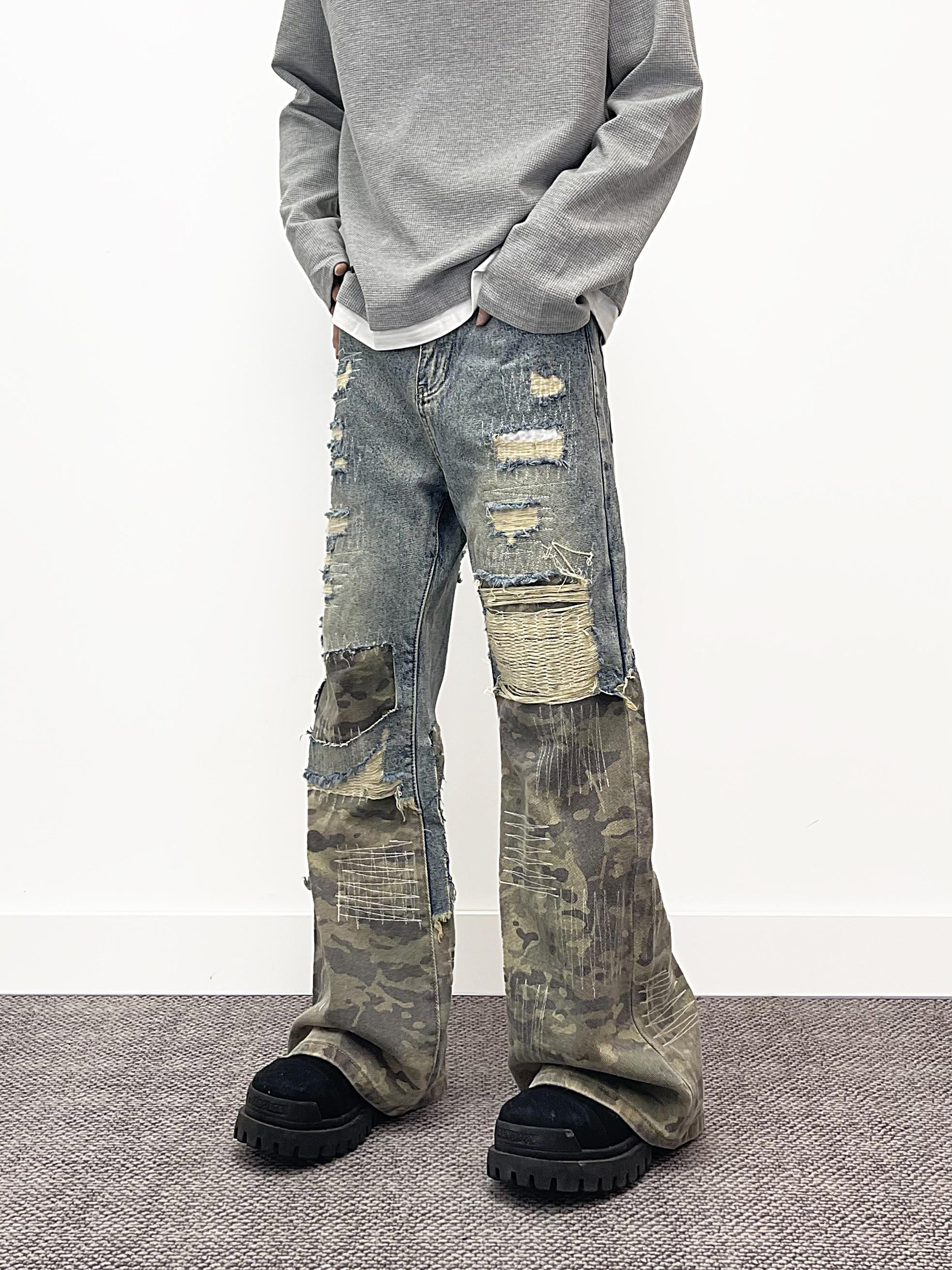 A knife high street style jeans with a torn and patched design