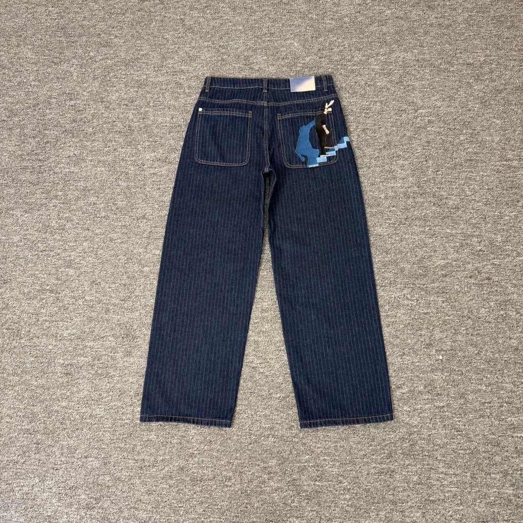 Derschutze Pinstripe Embroidered Loose Straight Jeans