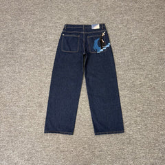 Derschutze Pinstripe Embroidered Loose Straight Jeans
