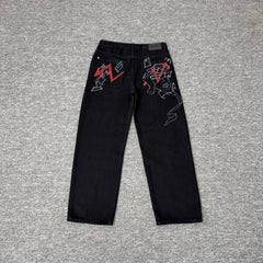 Derschutze Dark Graffiti Embroidered Loose Straight Jeans