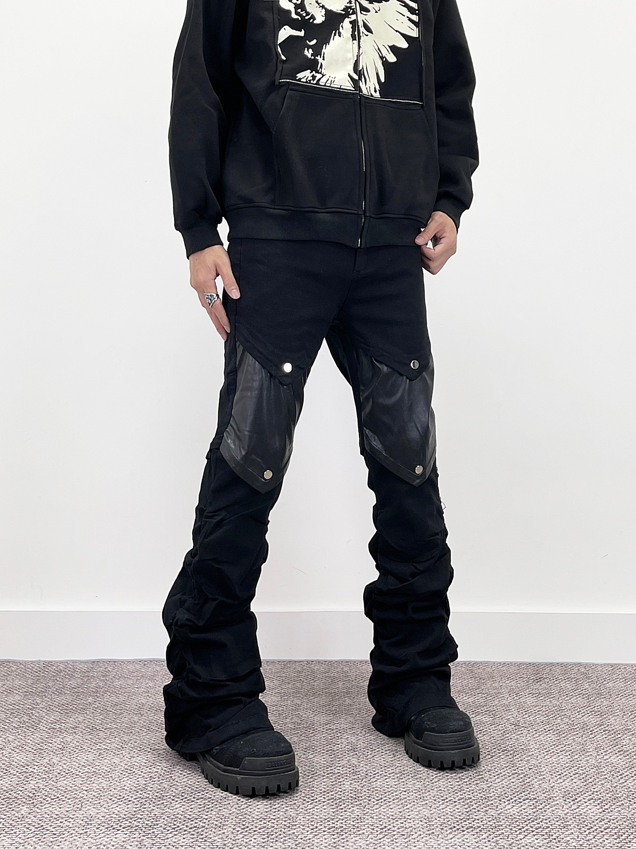 A knife punk leather flared denim pants
